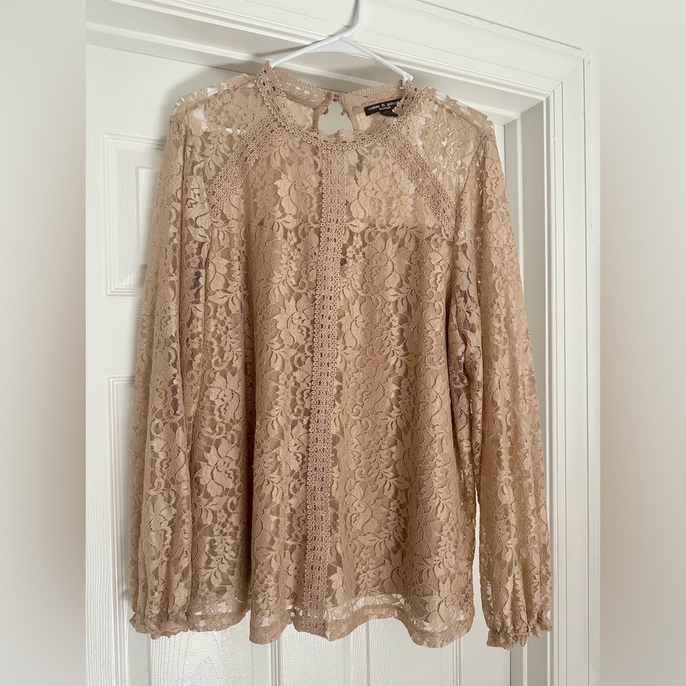 Cable & Gauge Elegant Lace Tan Blouse